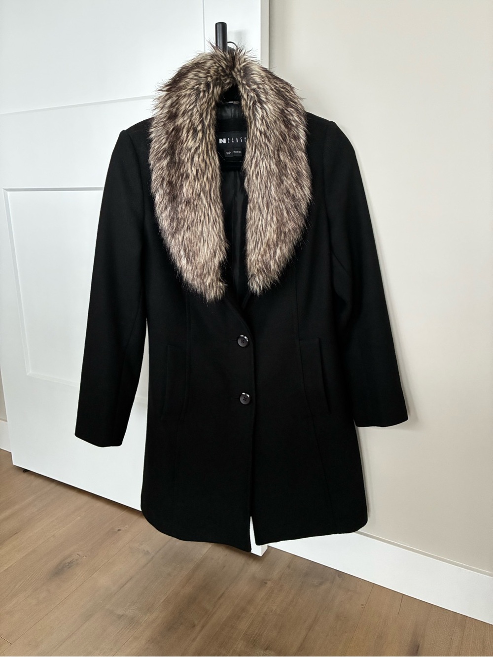 Black Wool Blend Trench Coat with Faux Fur Collar